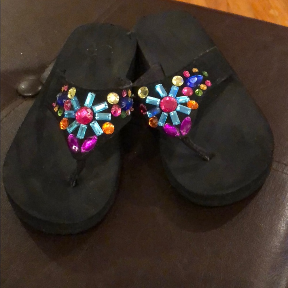 Black Multicolor Stone Wedge Sandals